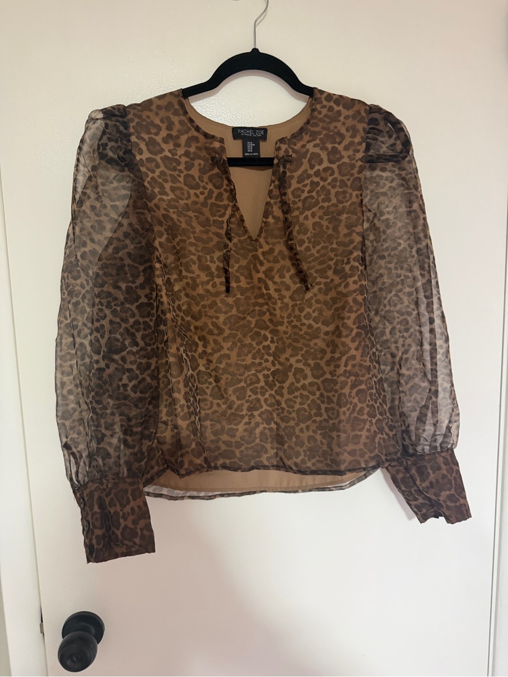 Rachel Zoe Tan and Brown Leopard Sheer Tie-Neck Blouse
